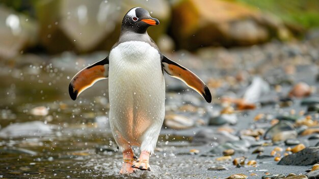 Pingwin chodzi w wodzie z kałużą wody.