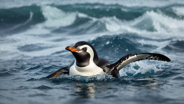 Pingwin Gentoo szybujący po wodach oceanu