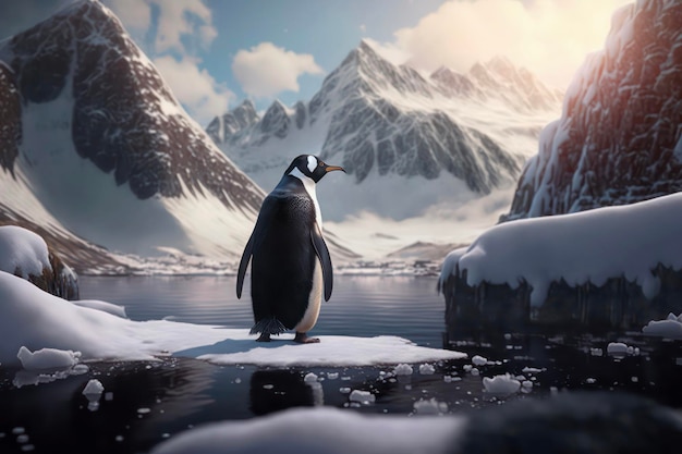 Pingwin na tle ośnieżonych gór na Antarktydzie o wschodzie słońca