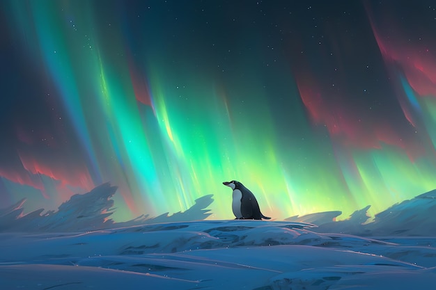 Pingwin obserwujący spektakularną zorzę polarną nad lodem