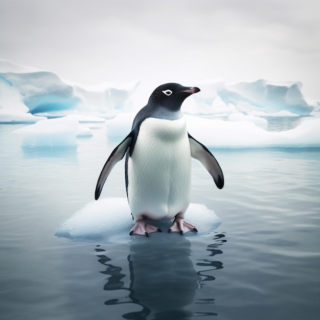 Pingwin stojący na małym kawałku lodu przed górą lodową.