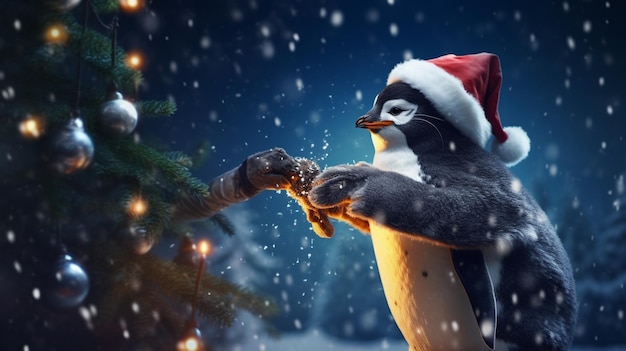 Zdjęcie pingwin-superbohater ratujący kotka z drzewa na tle błyszczących świątecznych świateł chris