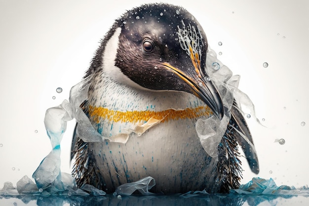 pingwin utknął w drucie lub sieci, aby uratować koncepcję oceanu, ptak utknął w śmieciach morskich