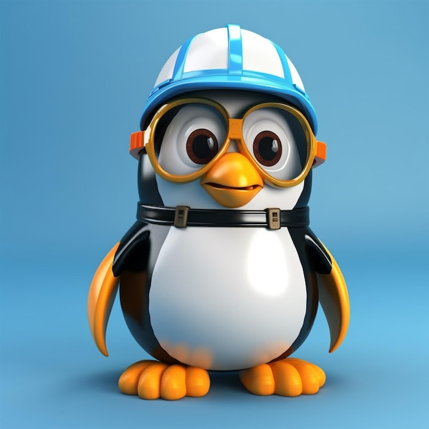 Pingwin w kasku i goglach jest na niebieskim tle.