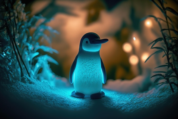 Pingwin w neonowym świetle w nocnym zimowym lesie Generacyjna sztuczna inteligencja