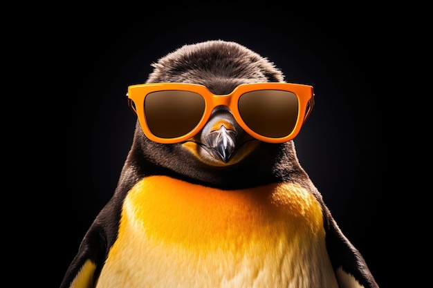 pingwin w okularach przeciwsłonecznych z pomarańczowymi soczewkami i żółtym dziobem.