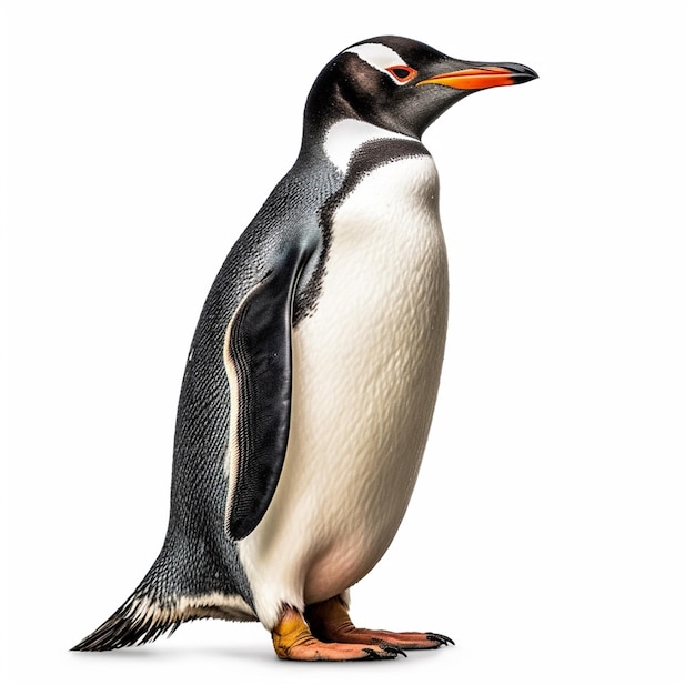 Pingwin z czerwonym okiem stoi na białym tle.
