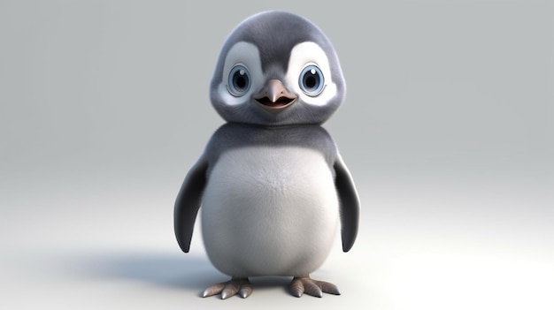 Pingwin z niebieskimi oczami stoi na białej powierzchni.