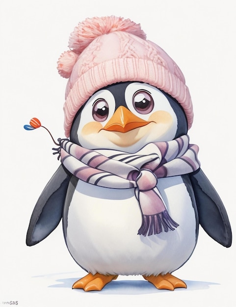 Pingwin z różowym kapeluszem i szalikiem na szyi