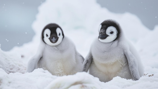 Pingwiny cesarskie siedzące w śniegu.