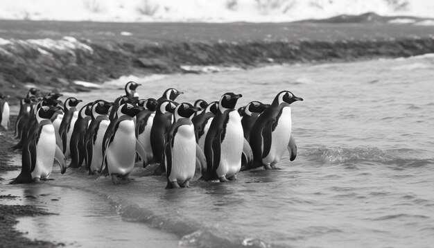 Pingwiny wędrujące odkrywają lodowate wybrzeże w zimie generowane przez sztuczną inteligencję