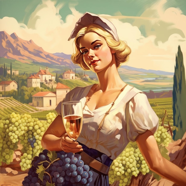 Pinup dziewczyna zbierająca winogrona w wiejskim wzgórzliwym krajobrazie