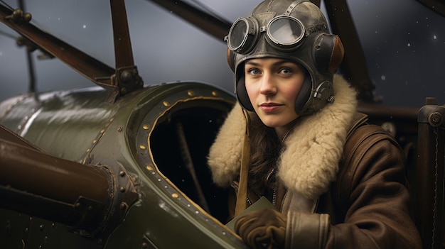 Zdjęcie pionierska kobieta w lotnictwie szczegółowy kokpit z historycznym lotnikiem