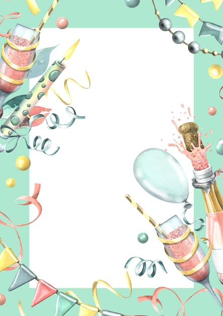Zdjęcie pionowa kartka urodzinowa z różowym szampana balony prezenty konfetti flagi tort akwarela ilustracja ręcznie narysowana szablon ramki dla tekstu na białym tle