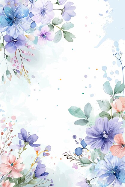 Pionowa ramka pastelowo-niebieskich i różowych kwiatów wiosennych z pustą przestrzenią w środku