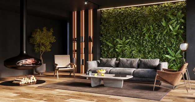 Pionowa zielona ściana w nowoczesnym wnętrzu salonu renderowania 3d