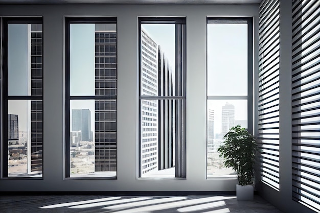 Pionowe okna żaluzjowe w nowoczesnym biurowcu z widokiem na panoramę miasta