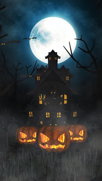 Pionowe tło halloween z nawiedzonym domem nietoperzy i grobami dyni