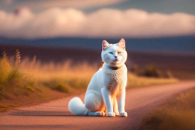 Pionowe ujęcie białego kota na ziemi w słońcu