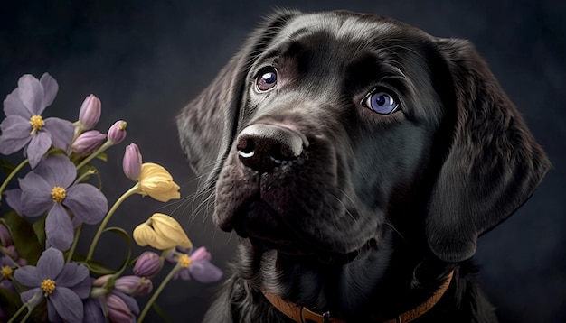Pionowe ujęcie pięknego, słodkiego psa z kwiatami