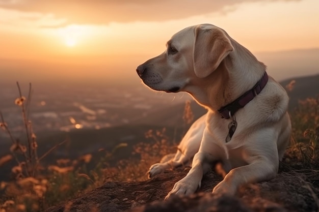 Pionowe ujęcie słodkiego psa labrador siedzącego na górze podczas zachodu słońca