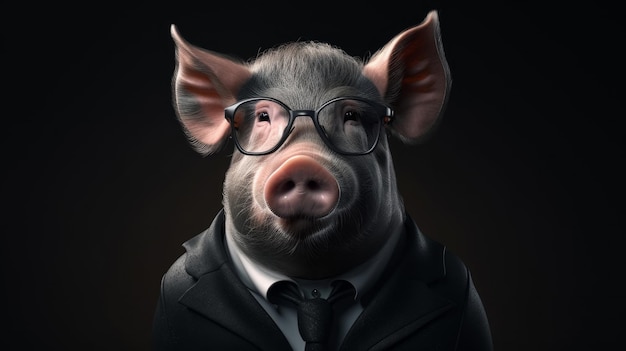 Pionowe ujęcie świni w garniturze zwierząt duchowych Generative AI