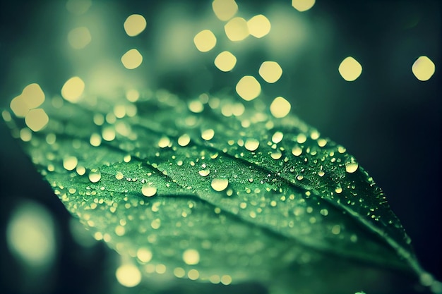 Pionowe ujęcie zielonego liścia z kropelkami deszczu 3d ilustrowane