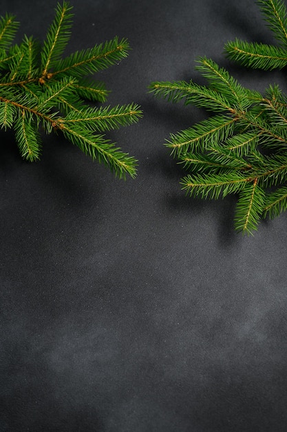 Pionowe zdjęcie Boże Narodzenie jodła rozgałęzia się w powietrzu na ciemnym tle z miejscem na kopię na dole