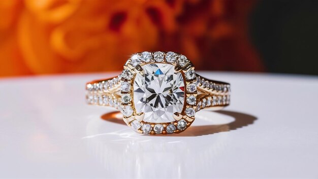 Pionowe zdjęcie pięknego pierścienia diamentowego na białej powierzchni