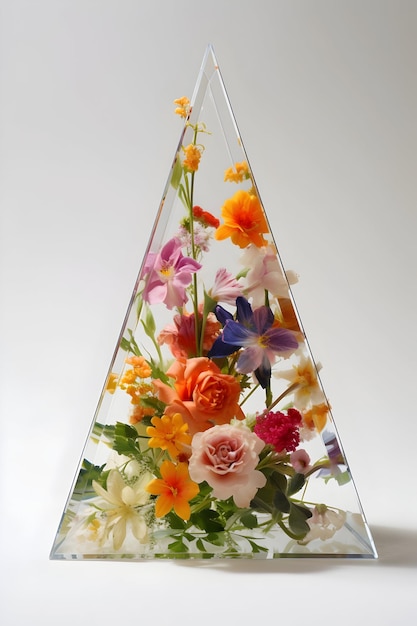 Pionowo nakręcone kwiaty na szklanym pryzmatzie