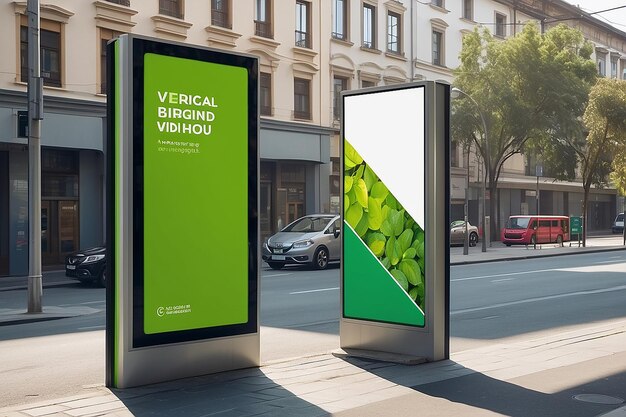 Zdjęcie pionowy billboard na przystanku transportu publicznego mockup zielonej ulicy