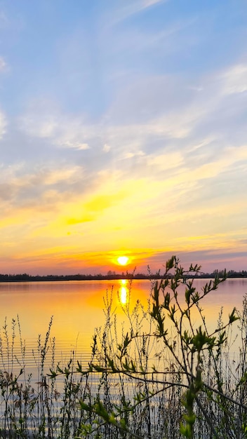 Pionowy krajobraz lato zachód słońca nad jeziorem.