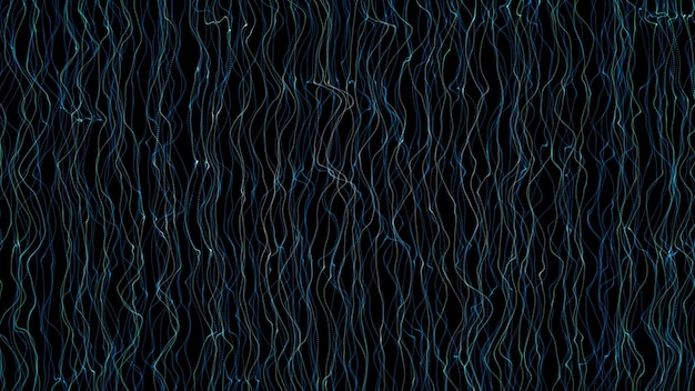 Pionowy strumień niebieskich wijących się nici na czarnym tle Zjawisko kosmiczne Mieszanie falistych nici w nieregularnym, dynamicznym ruchu Płynny przepływ renderowania 3D