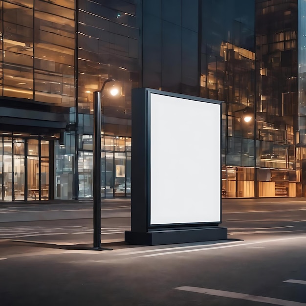 Pionowy strzał pustego billboardu stoi na chodniku na tle miasta w pobliżu kawiarni na świeżym powietrzu