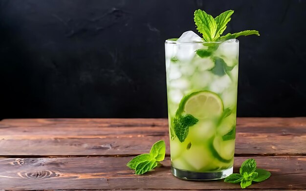 Zdjęcie pionowy strzał świeżego koktajlu mojito na drewnianym stole