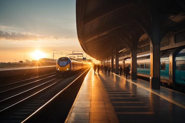 Zdjęcie pionowy ujęcie dworca kolejowego z pociągiem podczas wschodu słońca