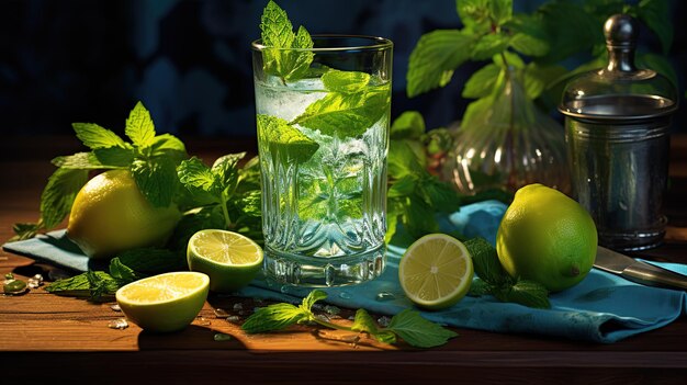 Pionowy ujęcie koktajlu mojito i miedzianej filiżanki z cytryną i liśćmi mięty Generative Ai