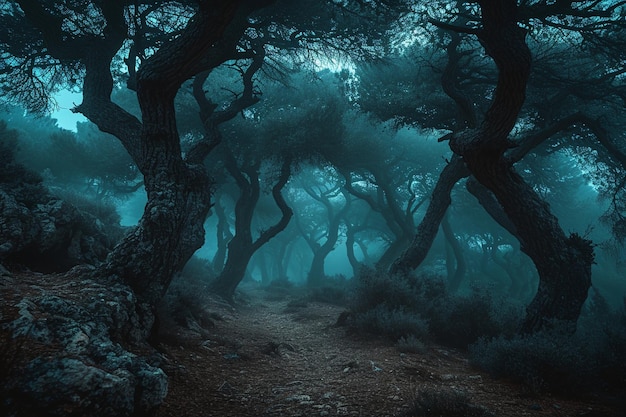 Pionowy ujęcie lasu z długimi drzewami w mgle