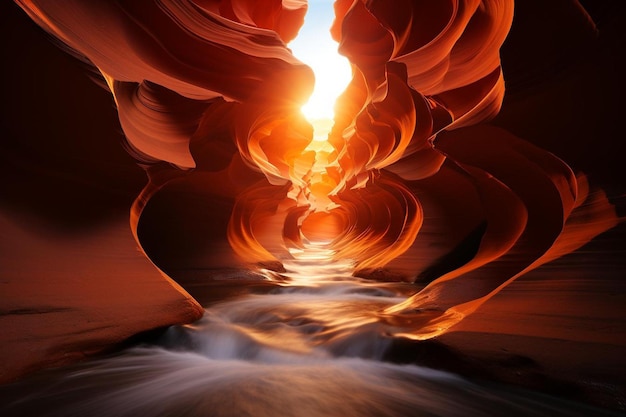 Pionowy ujęcie pięknej jaskini z płynącym piaskiem w ciemności w kanionie antylop.