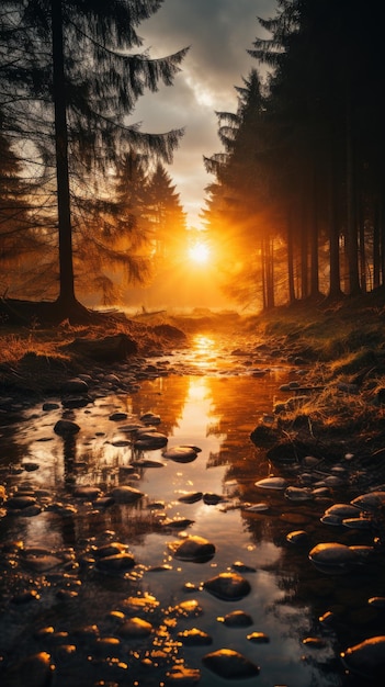 Pionowy ujęcie złotego słońca świecącego nad drzewami w lesie