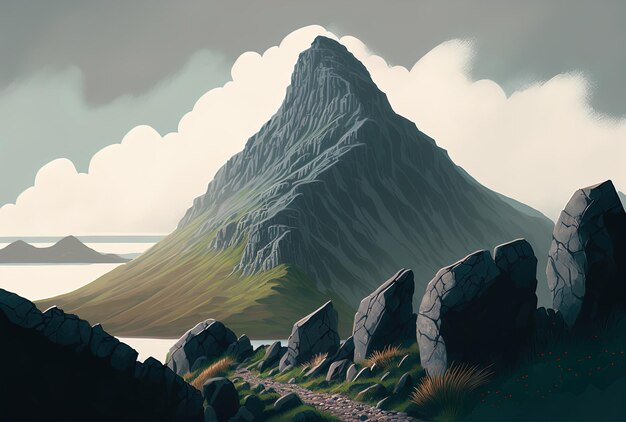 Pionowy widok szczytu na szkockiej wyspie Skye, która jest spowita mgłą