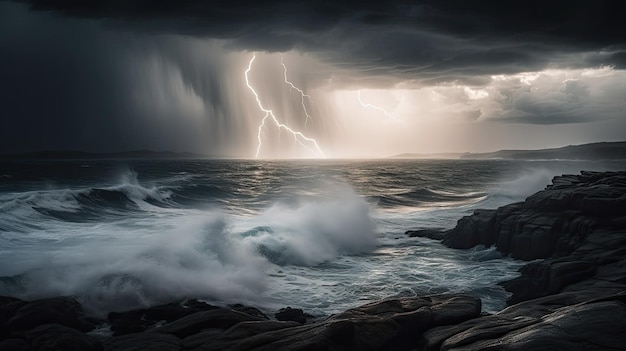 Zdjęcie piorun uderza nad oceanem