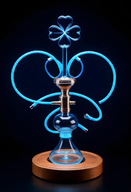Pipka z drewnianym łodygą i przezroczystą szklaną podstawą oświetloną niebieskim światłem neonowym