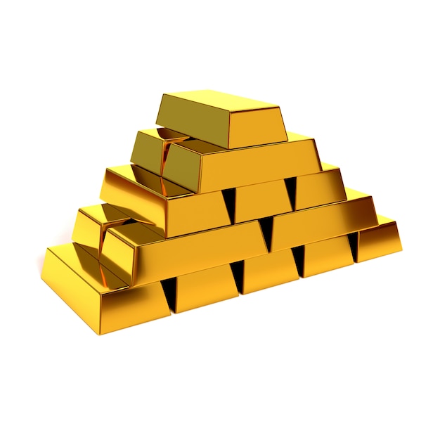 Piramida błyszczące sztabki złota na białym tle. Ilustracja 3D, render. Pojęcie sukcesu finansowego i dobrobytu.