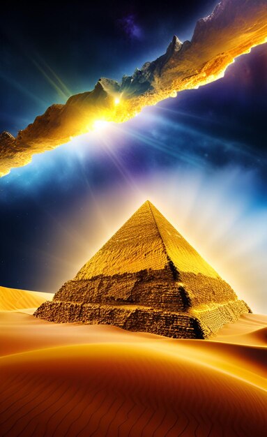 Piramida na pustyni, na której świeci słońce