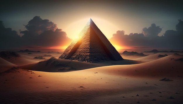 Zdjęcie piramida na pustyni o zachodzie słońca