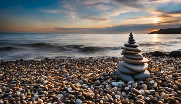 piramida z kamieni siedzi na plaży z oceanem na tle