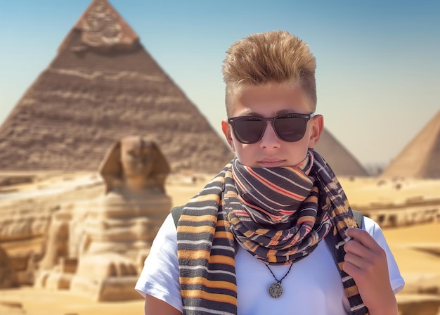 Piramidy w Gizie w Egipcie Portret nastoletniego turysty