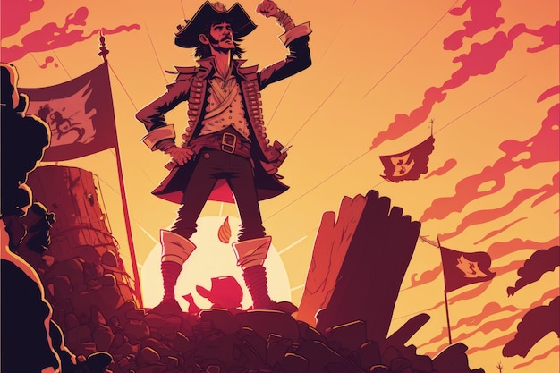 Pirat stoi na szczycie kopca skarbów z widokiem na zrujnowane statki o zachodzie słońca Koncepcja fantasy Malowanie ilustracji Generatywna sztuczna inteligencja