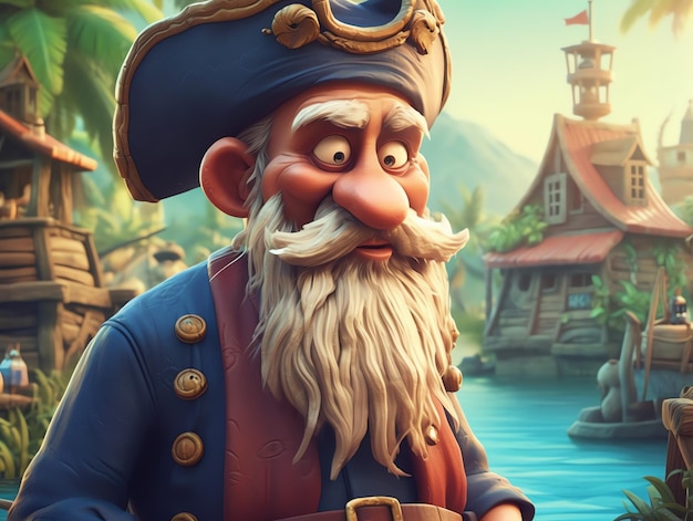Pirat w kapeluszu i brodzie stoi przed domem.
